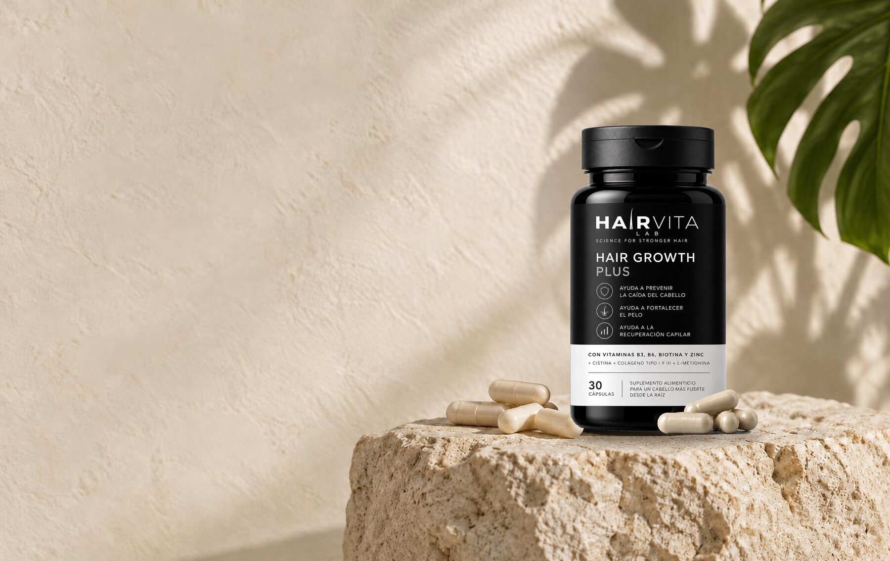 Frasco HAIRVITA LAB Hair Growth Plus sobre piedra natural con cápsulas